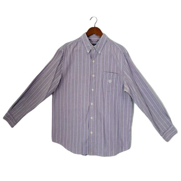Chaps Button Down Shirt Men Size Large Multi Vertical Stripe Oxford Cotton Logo - Picture 1 of 12